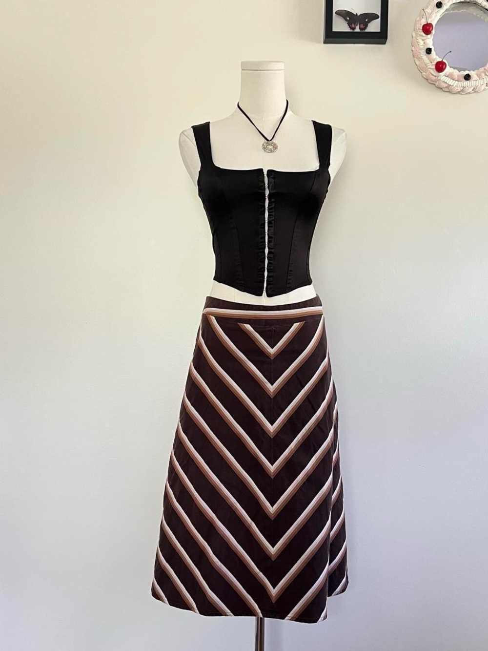 Banana republic Striped Chevron A-Line Midi Skirt in Brown and Cream